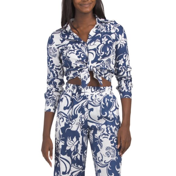 CHRISTIAN SIRIANO NEW YORK White/navy Linen Blend Tie Front Top - Picture 1 of 2